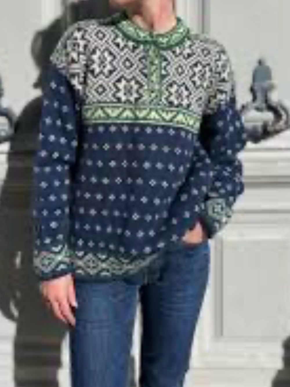 Vintage L.L. Bean Navy Fair Isle Turtleneck Sweater with Green and Cream Pattern